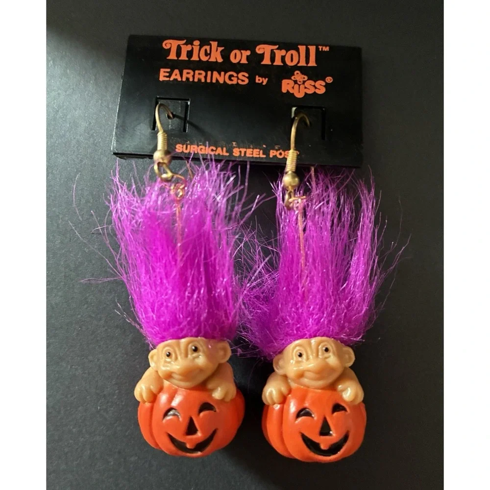 VTG Halloween Troll Doll Earrings RUSS Pumpkin Jack O Lantern Pierced Dangle y2k